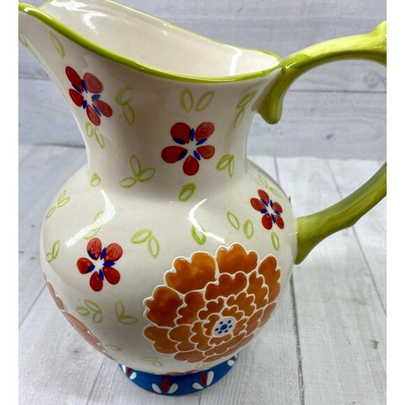 Coastline Imports DUTCH WAX Floral Handpainted Ceramic Handle Beverage Pitcher - Picture 3 of 9
